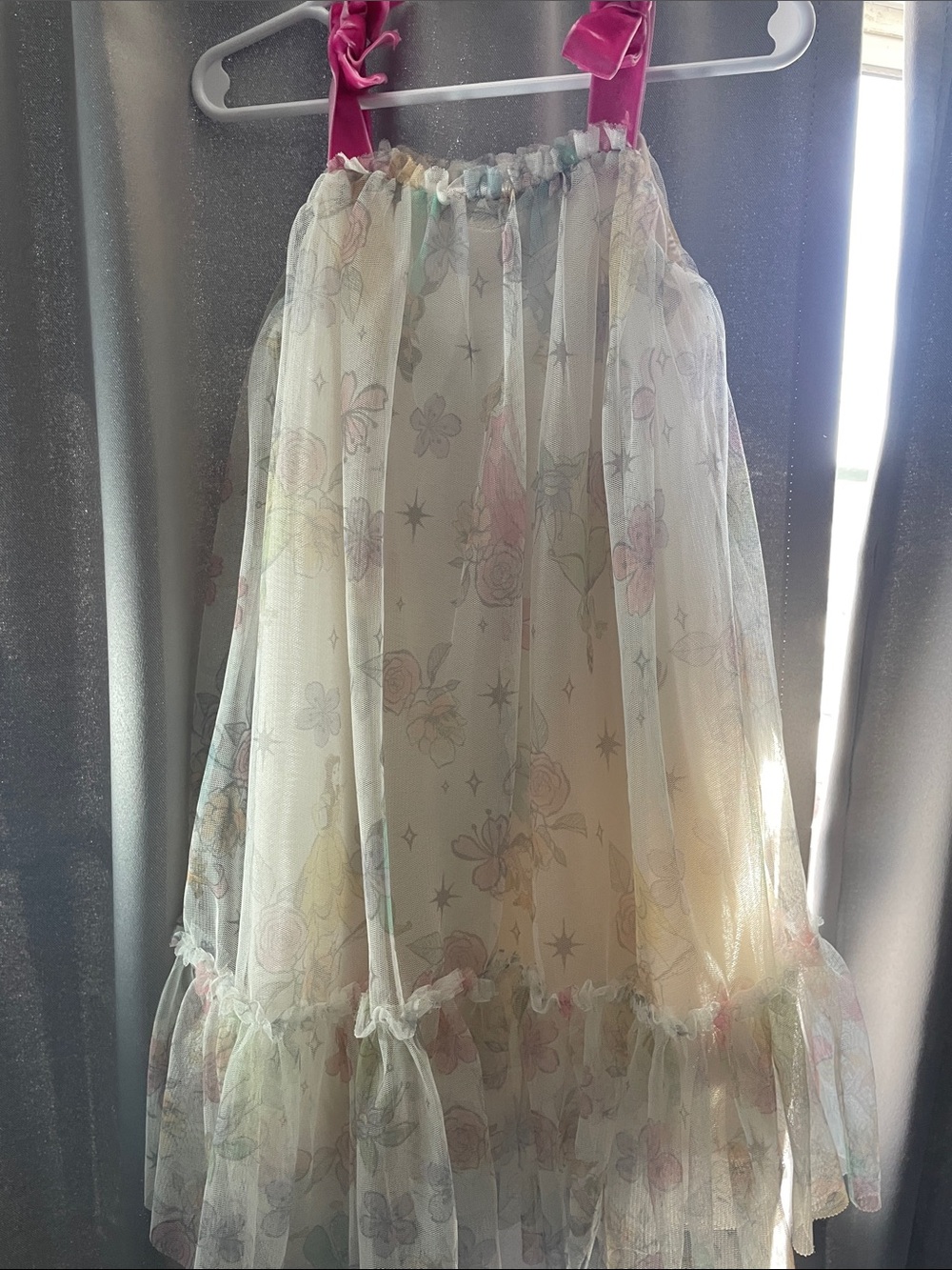 Disney Cream Floral Tulle Dress with Bright Pink Ribbon Straps